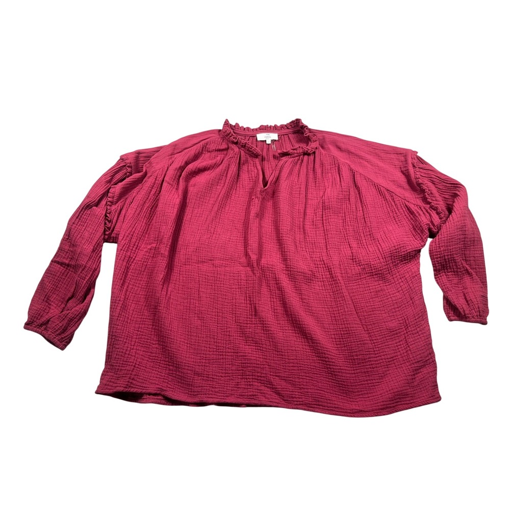Entro Womens Large 100% Cotton Gauze Blouse Berry Ruffle Neck Boho Long Sleeve